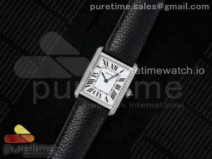 Tank Solo Ladies 25mm SS AF 1:1 Best Edition White Dial Diamonds Bezel on Black Leather Strap Ronda Quartz