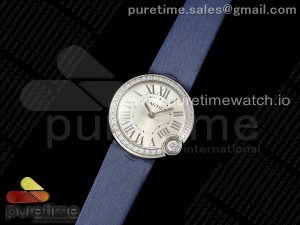 Ballon Blanc 30mm AF 1:1 Best Edition Silver Dial Diamonds Bezel on Blue Fabric Strap Ronda Quartz