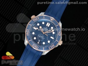 2018 Seamaster Diver 300M SS/RG OMF Best Edition Blue Ceramic Blue Dial on Blue Rubber Strap A8800 (Black Balance Wheel)