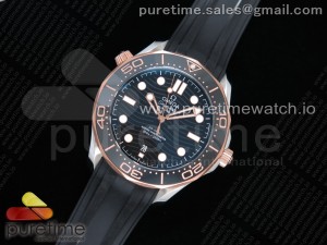 2018 Seamaster Diver 300M SS/RG OMF Best Edition Black Ceramic Black Dial on Black Rubber Strap A8800 (Black Balance Wheel)