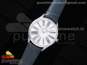 De Ville Tresor Quartz 36mm Ladies SS White Dial Black Markers on Black Leather Strap Ronda Quartz