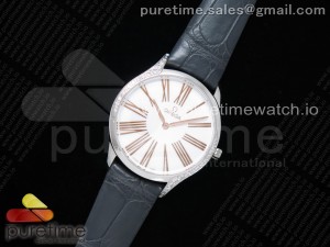 De Ville Tresor Quartz 36mm Ladies SS White Dial Gold Markers on Black Leather Strap Ronda Quartz