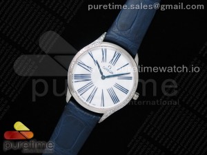 De Ville Tresor Quartz 36mm Ladies SS White Dial Blue Markers on Blue Leather Strap Ronda Quartz