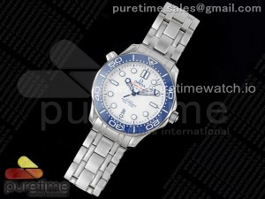 Seamaster Diver 300M SS Blue Ceramic Bezel HRF 1:1 Best Edition White Dial on SS Bracelet A2824