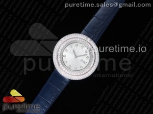 Possession Watch SS White Dial Double Diamonds Bezel on Blue Leather Strap Jap Quartz Movement