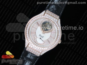 Piaget Polo Tourbillon RG Full Paved Diamonds Dial/Bezel on Black Leather Strap