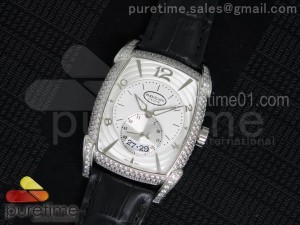 Kalpa Grande SS White Dial Full Paved Diamonds Case on Black Leather Strap A23J