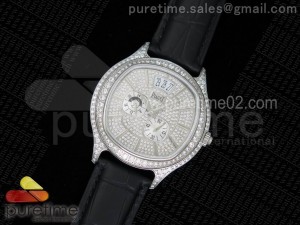 Emperador SS Full Paved Diamonds on Black Leather Strap A23J