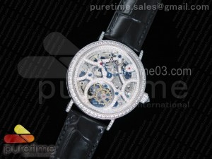 Gouverneur Tourbillon SS Full Paved Diamonds Skeleton Dial on Black Leather Strap