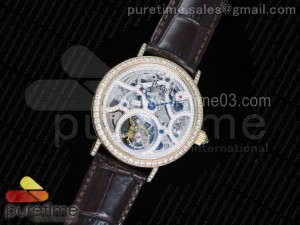 Gouverneur Tourbillon RG Full Paved Diamonds Skeleton Dial on Brown Leather Strap