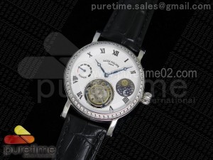 Classic Tourbillon SS White Textured Dial Diamonds Bezel on Black Leather Strap