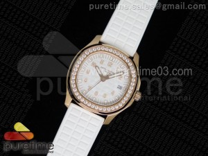 Aquanaut Luce RG White Textured Dial Diamonds Bezel on White Rubber Strap A23 Quartz