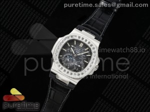 Nautilus 5712 SS PPF 1:1 Best Edition Blue Dial Diamonds Bezel on Black Leather Strap A240 Super Clone V2