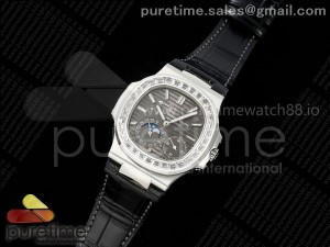 Nautilus 5712 SS PPF 1:1 Best Edition Gray Dial Diamonds Bezel on Black Leather Strap A240 Super Clone V2