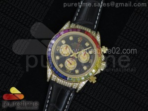 Daytona 116598 YG Colorful Crystal Bezel Black Dial on Black Leather Strap A4130