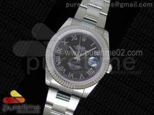 DateJust II SS Fluted Bezel Black Dial Roman Numerals on SS Bracelet A3136