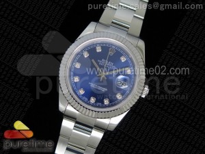 DateJust II SS Fluted Bezel Blue Dial Diamonds Markers on SS Bracelet A3136