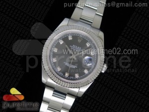 DateJust II SS Fluted Bezel Gray Dial Diamonds Markers on SS Bracelet A3136