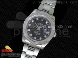 DateJust II SS Fluted Bezel Black Dial Diamonds Markers on SS Bracelet A3136