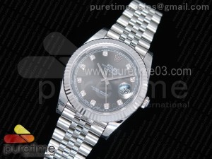 DateJust 41 126334 1:1 Best Edition Fluted Bezel Gray Dial Diamonds Markers on SS Jubilee Bracelet A3235 (Same Serials Card)