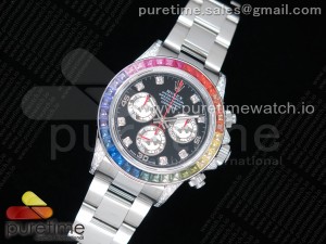 Daytona 116599RBOW SS Rainbow Crystal JHF Best Edition Black Dial on SS Bracelet A4130