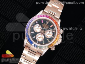 Daytona 116595RBOW RG Rainbow Crystal OMF Best Edition Black Dial on RG Bracelet A4130