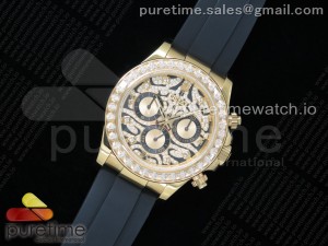 Daytona YG JHF Best Edition Leopard Textured Diamonds Dial Diamonds Bezel on Black Rubber Strap A4130