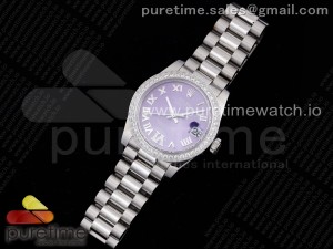 DateJust 31 Ladies 278289 GMF 316L Steel Diamonds Bezel Purple Dial Roman Markers on President Syle Bracelet
