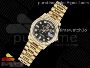 Day Date 36 YG 904L Steel Diamonds Bezel JDF 1:1 Best Edition Black Diamonds Dial on YG Bracelet A2836