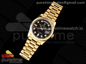 Day Date 36 YG 904L Steel Fluted Bezel JDF 1:1 Best Edition Black Diamonds Dial on YG Bracelet A2836