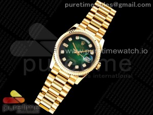 Day Date 36 YG 904L Steel Fluted Bezel JDF 1:1 Best Edition Green Diamonds Dial on YG Bracelet A2836