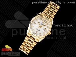 Day Date 36 YG 904L Steel Fluted Bezel JDF 1:1 Best Edition White MOP Diamonds Dial on YG Bracelet A2836