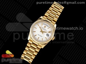 Day Date 36 YG 904L Steel Fluted Bezel JDF 1:1 Best Edition White Stick Dial on YG Bracelet A2836