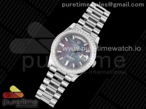 Day Date 40 SS 904L Steel JDF 1:1 Best Edition Gray MOP Dial Diamonds Bezel on SS Bracelet A2836