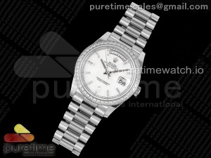 Day Date 40 SS 904L Steel JDF 1:1 Best Edition White Dial Diamonds Bezel on SS Bracelet A2836