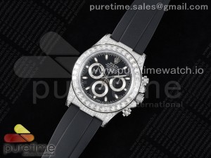 Daytona SS Full Diamonds JVSF 1:1 Best Edition 904L Steel Black Dial on Oysterflex Strap A7750