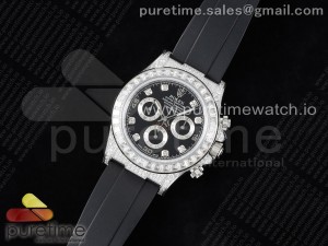 Daytona SS Full Diamonds JVSF 1:1 Best Edition 904L Steel Black Diamonds Dial on Oysterflex Strap A7750