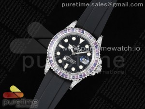 Yacht-Master 42mm Full Diamonds JVSF 1:1 Best Edition Black Dial Pueple Diamonds Bezel on Black Rubber Strap VR3235