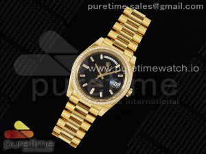DayDate 40 YG GSF Gain Weight Black Crystal Dial Diamonds Bezel on President Bracelet A2836