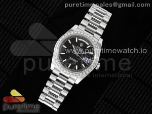 DayDate 40 SS GSF Gain Weight Black Stick Dial Diamonds Bezel on President Bracelet A2836