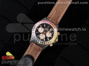 Daytona DIW Carbon Case DIWF Edition Black Dial Rainbow Diamonds Bezel on Brown Nylon Strap A7750