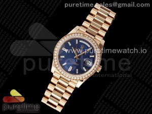 DayDate 40 RG QF 1:1 Best Edition Blue Crystal Dial Diamonds Bezel on President Bracelet A2836 V5 (Gain Weight)