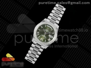 DayDate 40 SS QF 1:1 Best Edition Green Roman Dial Diamonds Bezel on President Bracelet A2836 V5 (Gain Weight)