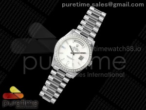 DayDate 40 SS QF 1:1 Best Edition White MOP Crystal Dial Diamonds Bezel on President Bracelet A2836 V5 (Gain Weight)