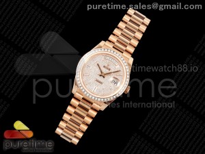 DayDate 40 RG QF 1:1 Best Edition Full Diamonds Dial Diamonds Bezel on President Bracelet A2836 V5 (Gain Weight)