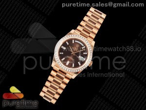 DayDate 40 RG QF 1:1 Best Edition Brown Crystal Dial Diamonds Bezel on President Bracelet A2836 V5 (Gain Weight)