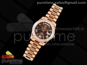 DayDate 40 RG QF 1:1 Best Edition Brown Roman Dial Diamonds Bezel on President Bracelet A2836 V5 (Gain Weight)