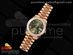 DayDate 40 RG QF 1:1 Best Edition Green Roman Dial Diamonds Bezel on President Bracelet A2836 V5 (Gain Weight)