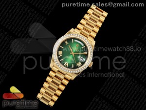DayDate 40 YG QF 1:1 Best Edition Green Ombre Roman Dial Diamonds Bezel on President Bracelet A2836 V5 (Gain Weight)