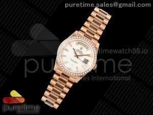 DayDate 40 RG QF 1:1 Best Edition White MOP Crystal Dial Diamonds Bezel on President Bracelet A2836 V5 (Gain Weight)